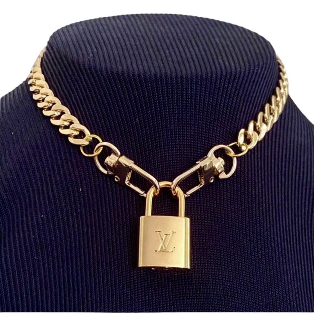 #314 Authentic Louis Vuitton Brass Lock Pendant on 18K Gold Plated Chunky Chain
